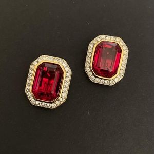 Vintage Christian Dior/Pat.Pend/Gold Plated Red Crystal Earrings
